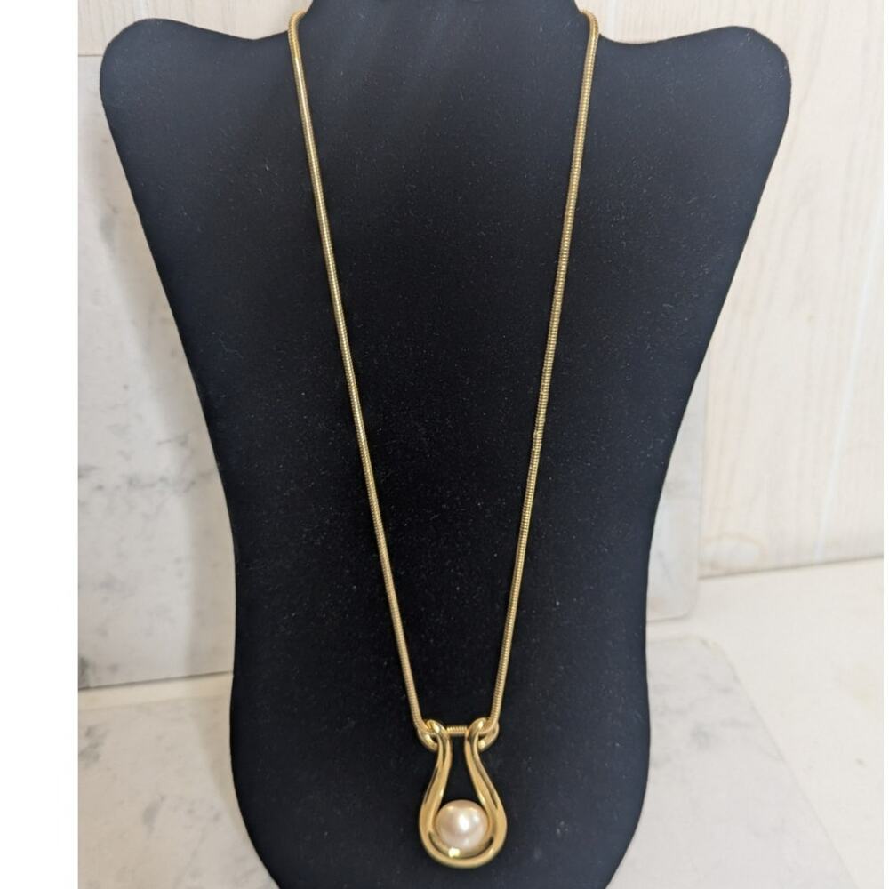 Monet signed Lyre Rain drop gold tone pearl long chain necklace VTG statement